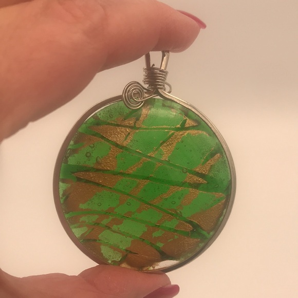 Jewelry - Handmade Large Green & Gold Glass Silver-Wrapped Pendant